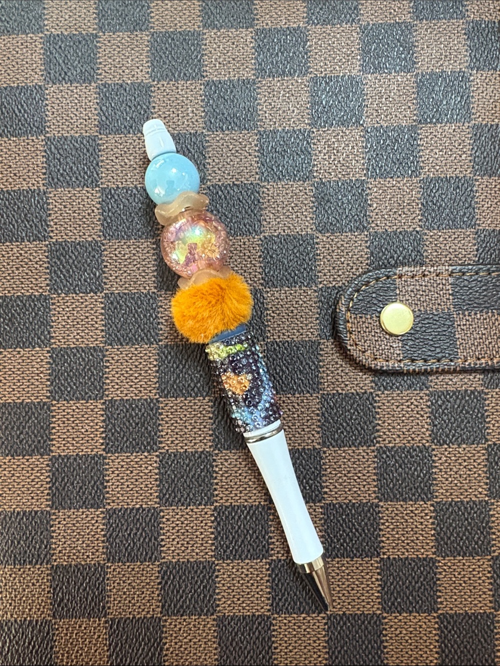 Decorative Pom Pom and Bead Ballpoint Pen - Blue and Orange